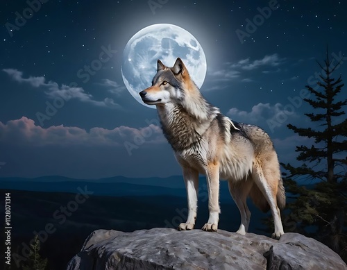 Wolf Standing Under Full Moon On Rocky Cliff photo