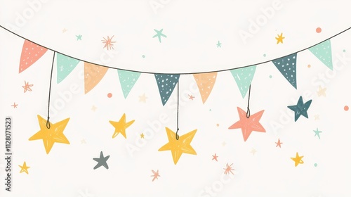 Festive Minimalist Cartoon Style Illustration Featuring Colorful Garlands and Stars for Celebratory Events and Invitations