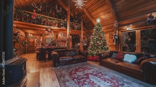 Luxury cabin decorated for Christmas, wooden interiors, large Christmas tree, opulent decor