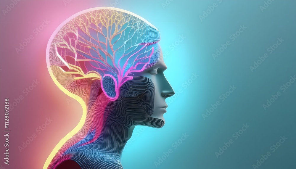 Mental health and depression concepts: Mental health, serene human silhouette in vibrant colors.