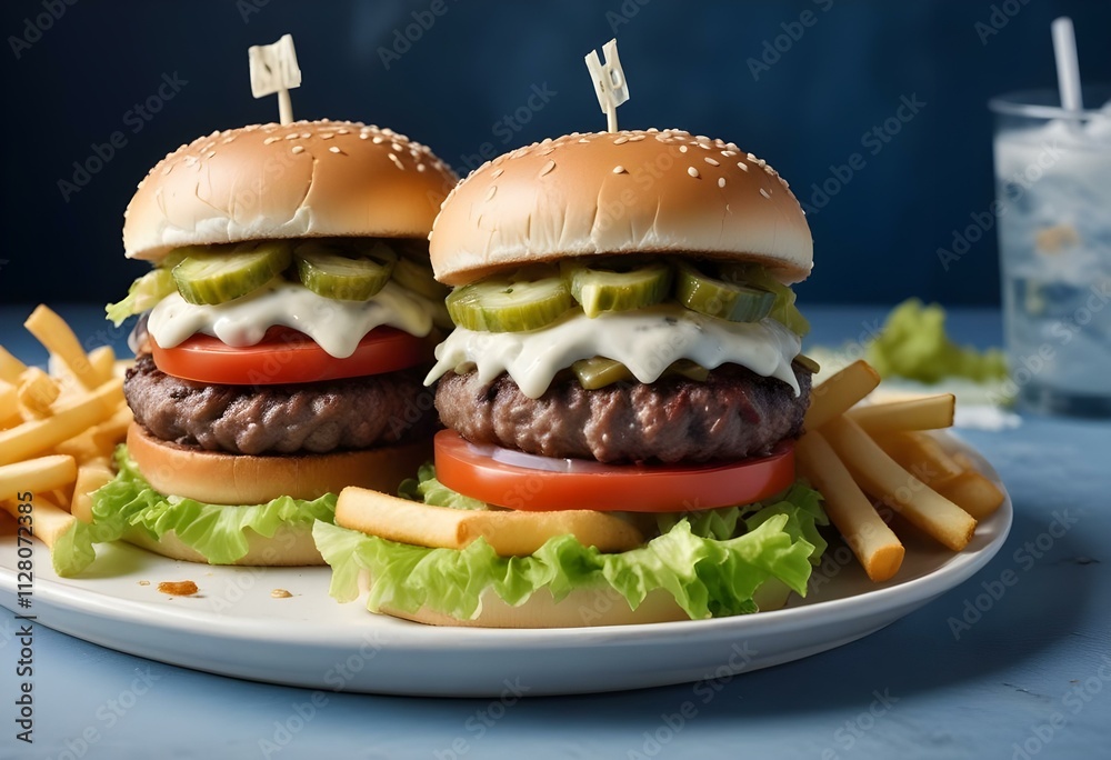 Juicy 200g Double Hamburger with Crispy Fries in a Casual Dining Setting Juicy 200g Double Hamburger with Crispy Fries in a Casual Dining Setting