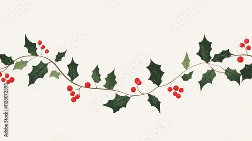 Bright and Cheerful Minimalist Cartoon-Style Garland Featuring Holly Leaves and Red Berries for Seasonal Decor and Festive Design