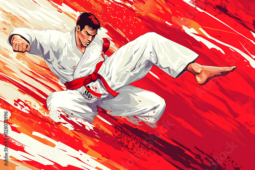 A dynamic martial artist performs a powerful kick against a vibrant abstract background. photo