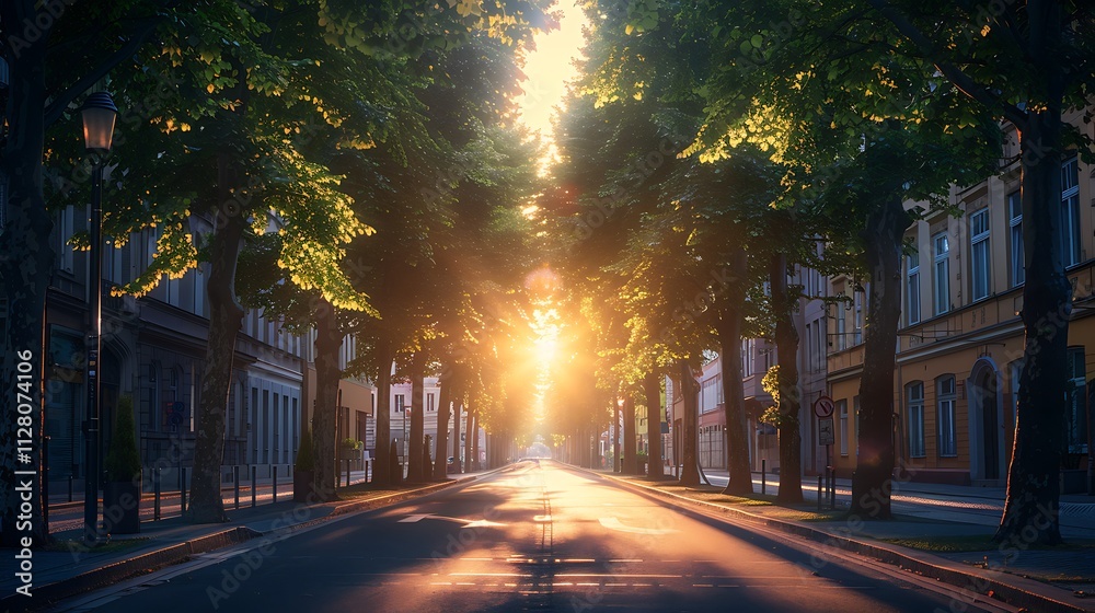 A peaceful city street lined with trees, the leaves rustling gently in the wind as the sun sets A peaceful city street lined with trees, the leaves rustling gently in the wind as the sun sets