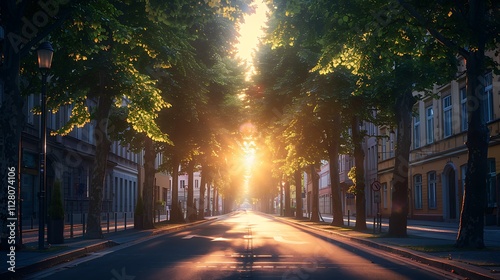 A peaceful city street lined with trees, the leaves rustling gently in the wind as the sun sets