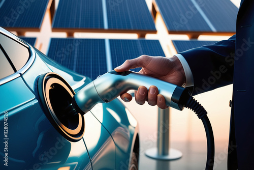 the process of charging an electric car. A man in a suit holds a charging cable and connects it to a connector on the car.