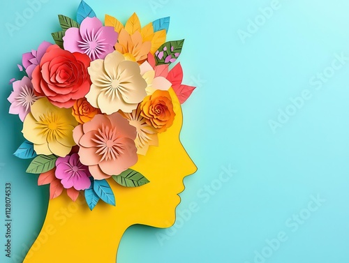 Paper-cut head with blooming flowers inside, representing mental healing and positivity