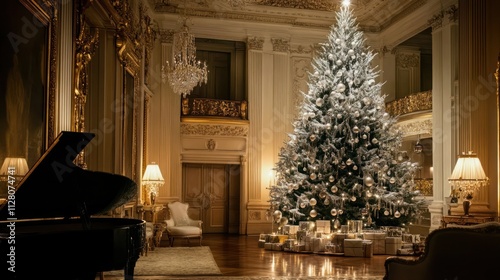 High-end Christmas tree with white and silver ornaments, crystal baubles, and soft white lights