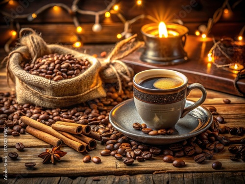 Indulge in the Rich Aroma of Coffee: A Low Light Photography Experience Featuring a Tasteful Cup Surrounded by Roasted Coffee Beans and Seeds for Coffee Lovers and Enthusiasts