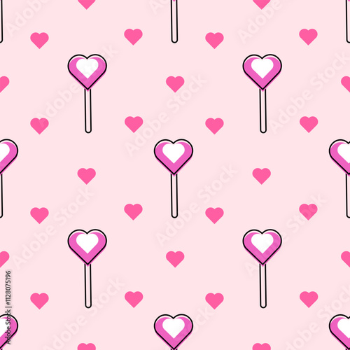 Cute seamless pattern lollipops heart shape. Line art style on pink background. Print for children's clothing, card, background, invitation, greeting card, textile, print, and wallpapers.