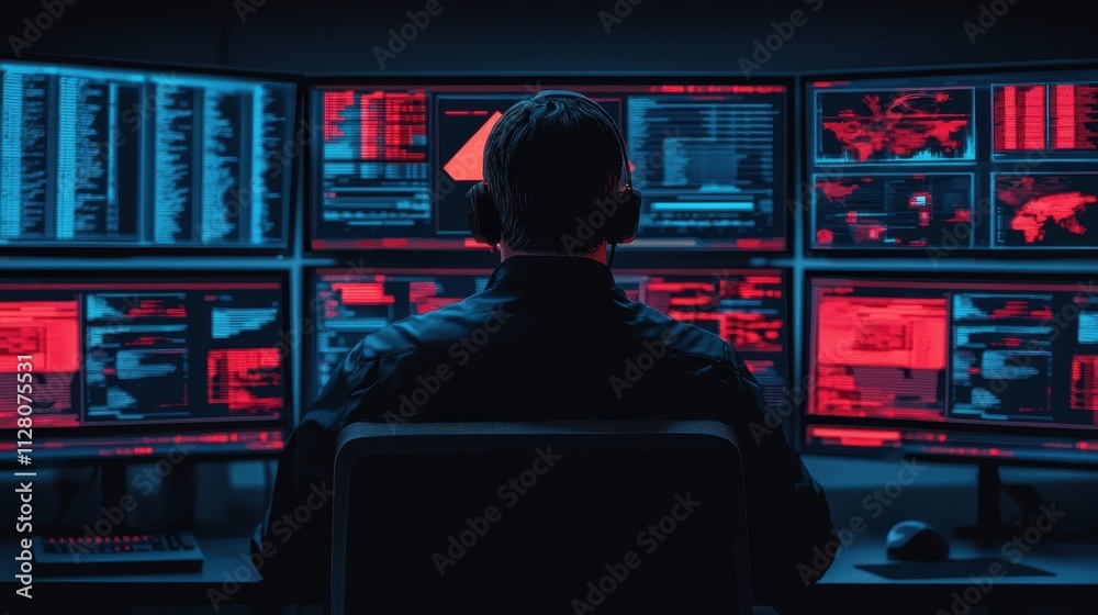 Cybersecurity monitoring session data center digital analysis high-tech environment rear view privacy and security insights Cybersecurity monitoring session data center digital analysis high-tech environment rear view privacy and security insights