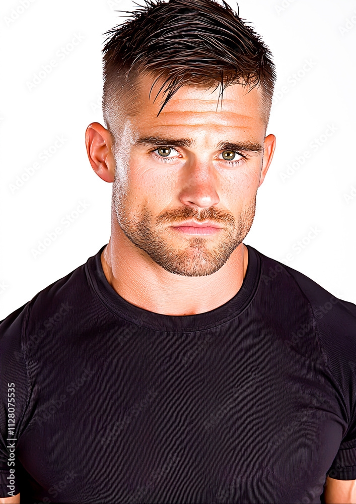 Fototapeta premium Athletic Man in Black Shirt with Intense Expression and Short Hair