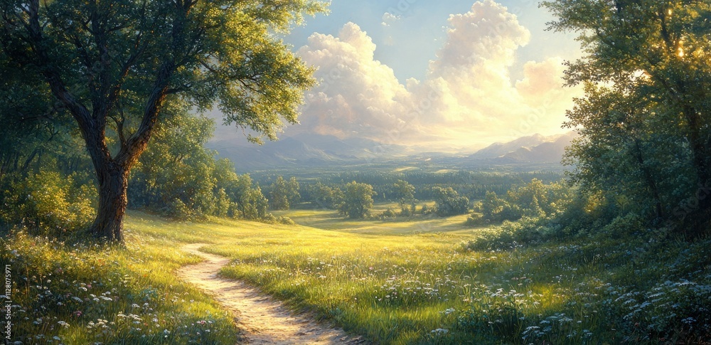 Fototapeta premium Winding dirt path through lush green fields under soft sunlight in serene landscape