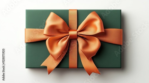 Isolated on a white background, a green gift card with an orange ribbon and bow. idea of a present. rendering in three dimensions. 