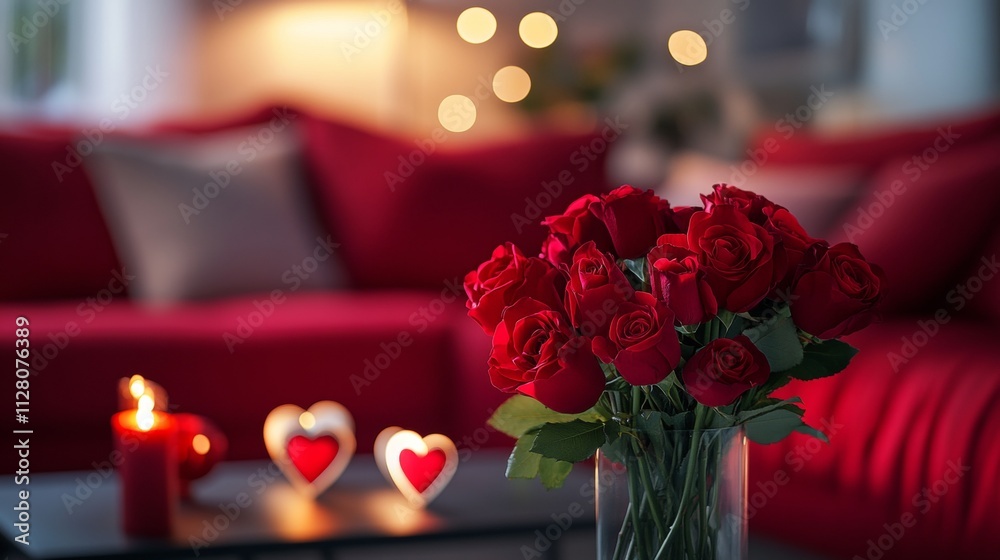 Obraz premium Romantic Evening for Valentine s Day with Bouquet Red Roses and Cozy Decor on Table in Living Room,