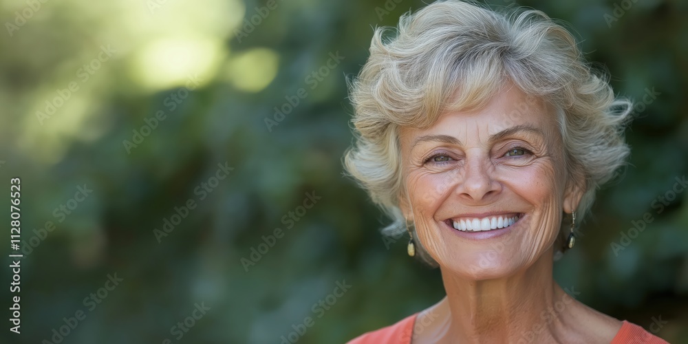 A joyful senior woman with curly hair smiles warmly in a lush green outdoor setting, embodying happiness, vitality, and the beauty of aging gracefully in nature. A joyful senior woman with curly hair smiles warmly in a lush green outdoor setting, embodying happiness, vitality, and the beauty of aging gracefully in nature.