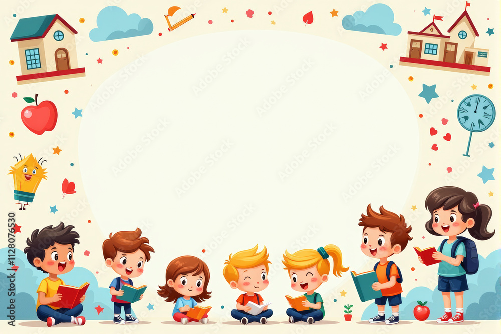 A playful school background illustration featuring kids playing, colorful school supplies, and fun learning icons in a lively composition.. A playful school background illustration featuring kids playing, colorful school supplies, and fun learning icons in a lively composition..