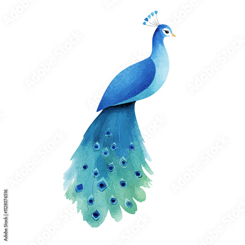 Watercolor Peacock:  A vibrant watercolor illustration of a peacock with its feathers fully displayed, radiating beauty and elegance.  