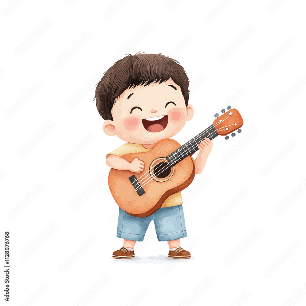 Obraz premium Happy Little Guitarist: A cheerful watercolor illustration of a young boy playing the guitar with a bright smile, capturing the joy and innocence of music. 