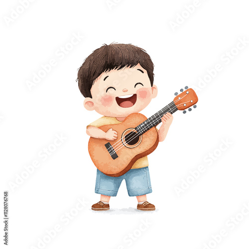 Happy Little Guitarist: A cheerful watercolor illustration of a young boy playing the guitar with a bright smile, capturing the joy and innocence of music. 