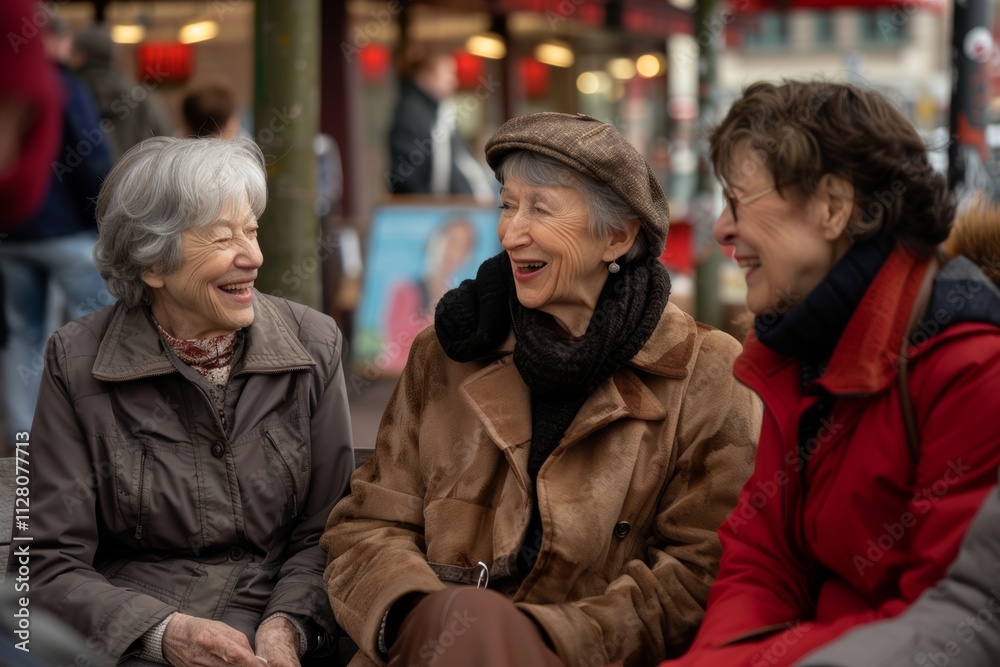 Happy senior women sitting on the street in Paris, France, laughing Happy senior women sitting on the street in Paris, France, laughing