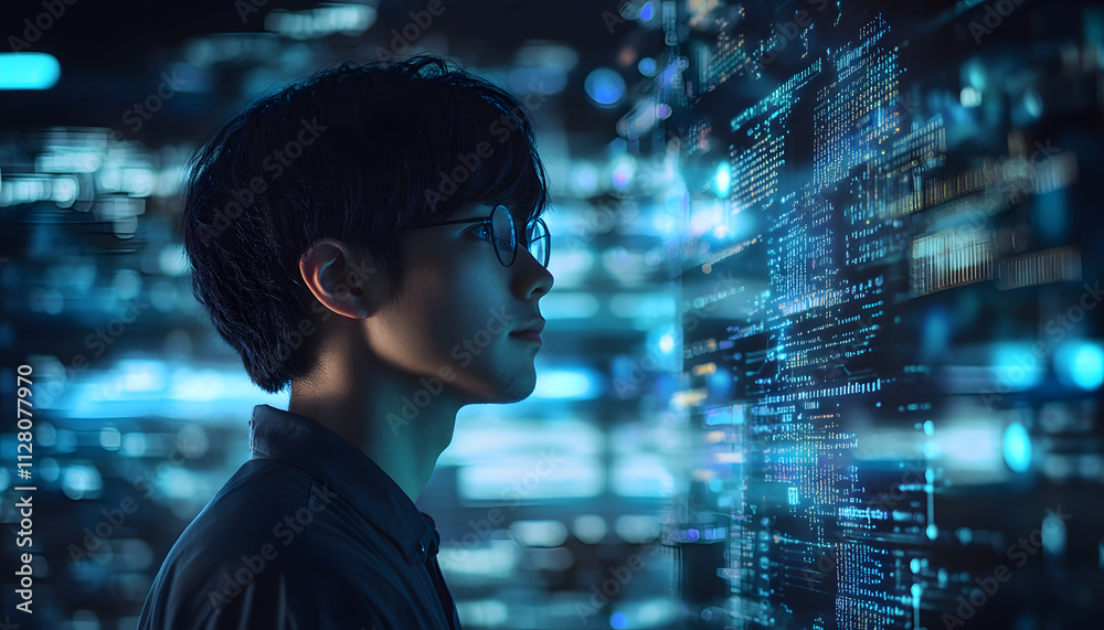 A young handsome asia man with black hair look stands before an AI interface, surrounded by glowing data streams and code lines A young handsome asia man with black hair look stands before an AI interface, surrounded by glowing data streams and code lines