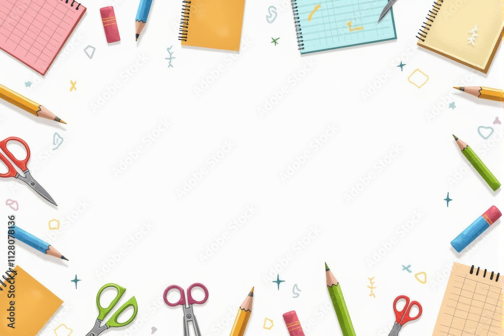 An artistic school background illustration highlighting pencils, drawing pads, and paint palettes, creating a fun and creative vibe..