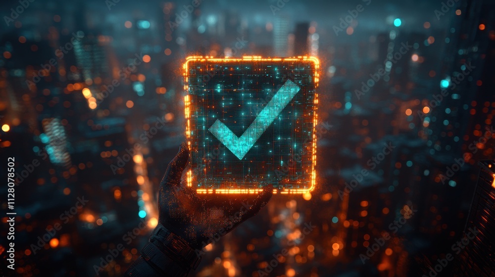Fototapeta premium Green Check Mark Compliance Certification with Businessman in High-Tech Cyberpunk Environment
