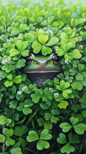 Frog hidden among lush green clover leaves with dew drops. Happy St. Patrick's day.