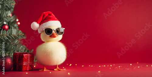 A cute little yellow duck wearing sunglasses and a Santa hat on a red background, with Christmas tree and with copy space for a Christmas celebration card design photo