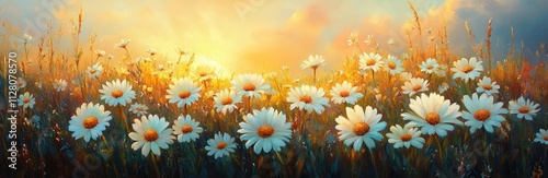 Vibrant Meadow of Daisies Under Golden Sunlight in Spring and Summer Landscape