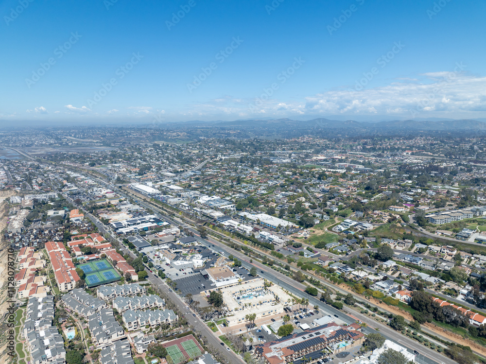 Fototapeta premium Aerial view of Del Mar Town, California coastal town next the Pacific ocean. San Diego County, California, USA