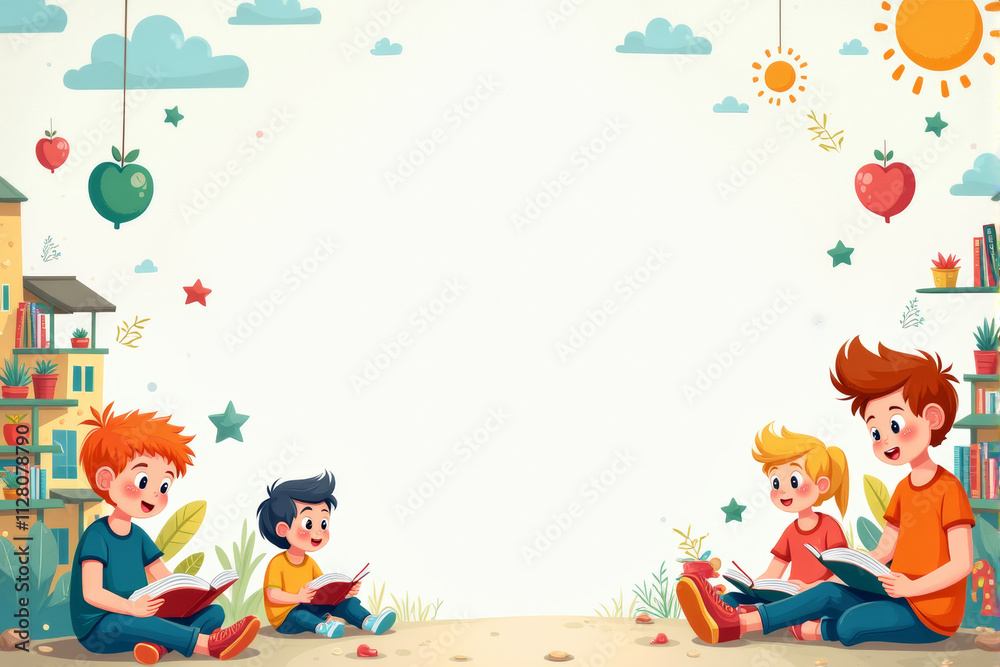 A playful school background illustration featuring kids playing, colorful school supplies, and fun learning icons in a lively composition.. A playful school background illustration featuring kids playing, colorful school supplies, and fun learning icons in a lively composition..