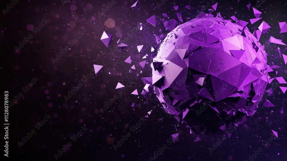Exploding purple low-poly sphere with dark background and bokeh. Exploding purple low-poly sphere with dark background and bokeh.