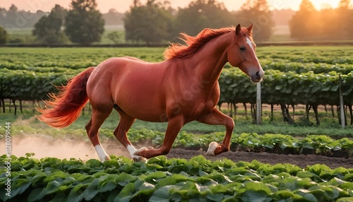 Majestic Chestnut Horse Galloping Through Vineyard at Sunset: A Breathtaking Rural Scene photo