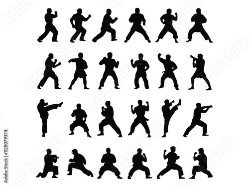 various dynamic poses, such as fighting stances, punching, kicking, and defensive positions