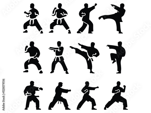 various dynamic poses, such as fighting stances, punching, kicking, and defensive positions