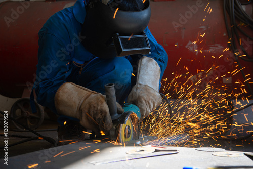 workers in blue uniform cutting metal sheets with electric grinder in the workshop.Mechanic wear personal protective equipment(PPE) while working.Leather gloves and face shield.