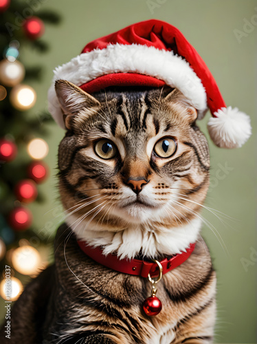 A cat wearing a santa hat sitting in front of a Christmas tree.