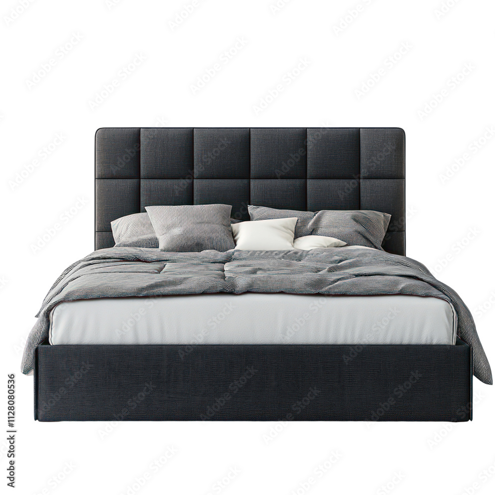 Gray Bed with White Pillows on Transparent Background Gray Bed with White Pillows on Transparent Background