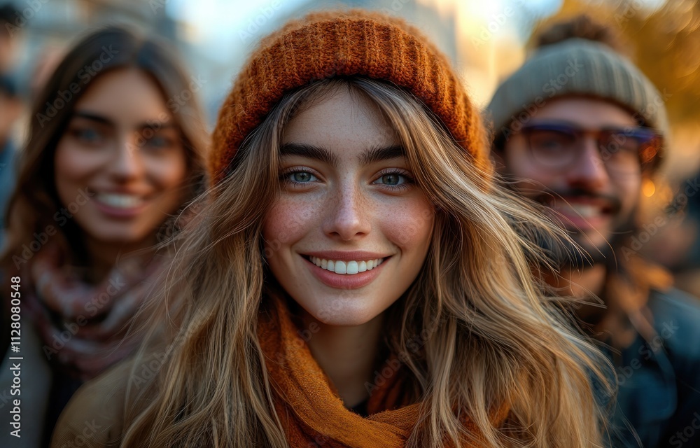 Happy friends taking selfie in urban setting during golden hour with laughter and joy Happy friends taking selfie in urban setting during golden hour with laughter and joy