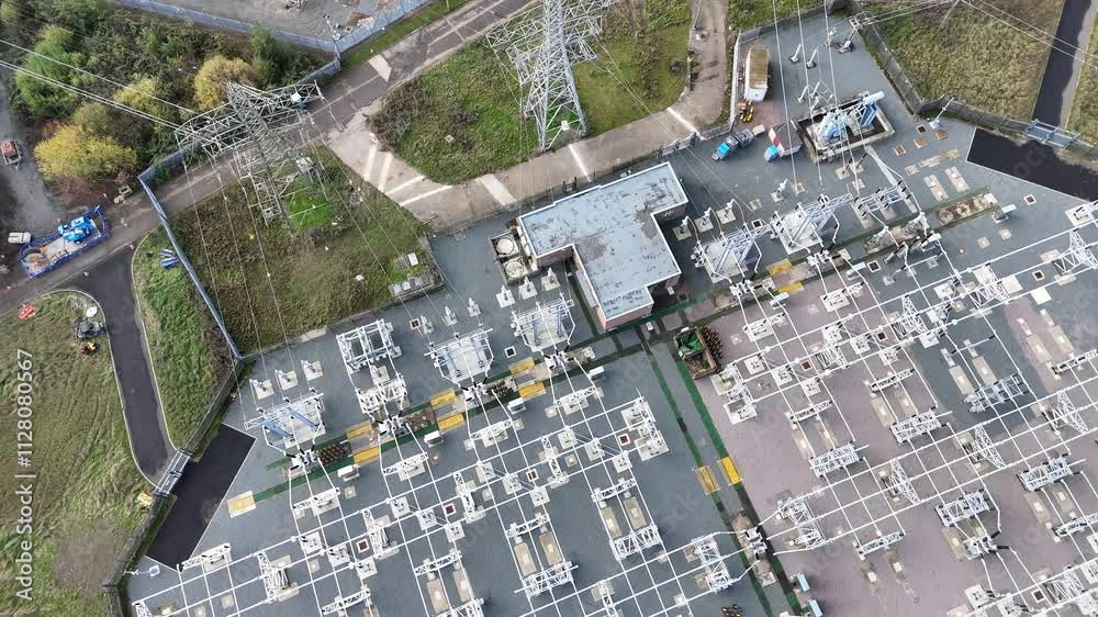 Overhead birds eye drone aerial view power substation with pylons UK Overhead birds eye drone aerial view power substation with pylons UK