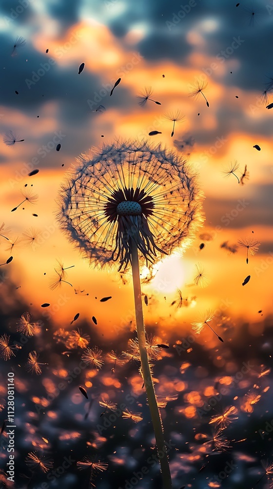 Naklejka premium Dandelion flower with sunset, Dandelion seeds float in the air during a beautiful sunset. The soft, white seeds are illuminated by the warm light, Dandelion flower with sunset