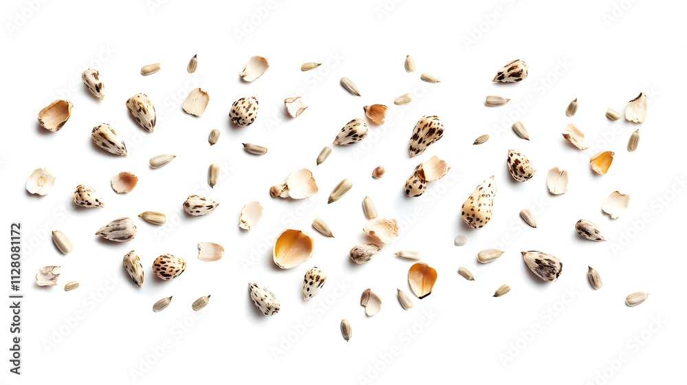 A scattering of sunflower seeds both with shells and without on white background A scattering of sunflower seeds both with shells and without on white background
