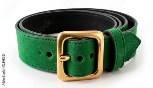 Stylish green leather belt with a golden buckle, perfect for adding a pop of color to any outfit
 photo