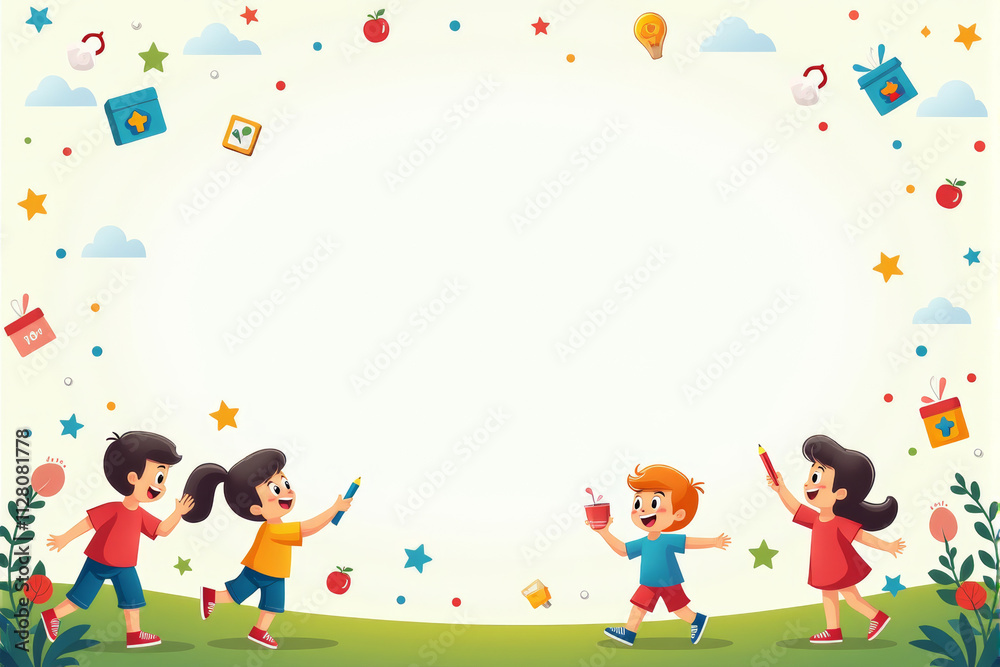 A playful school background illustration featuring kids playing, colorful school supplies, and fun learning icons in a lively composition..