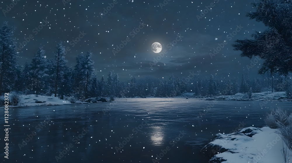 Naklejka premium A still evening by a frozen lake surrounded by snow-laden trees reflecting moonlight as light snow falls