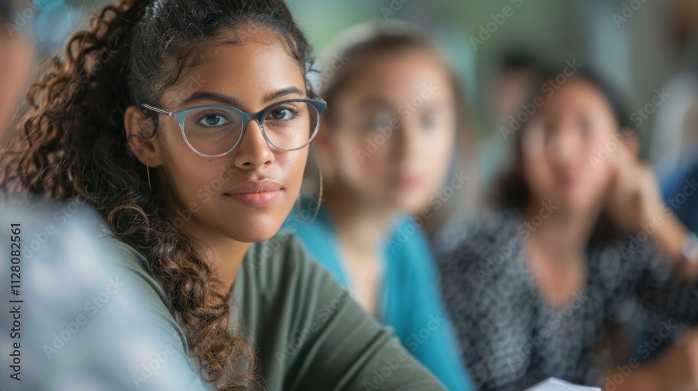 Fototapeta premium Young female student wearing glasses is listening attentively in a university lecture hall, fully engaged with classmates while absorbing valuable knowledge during the lesson