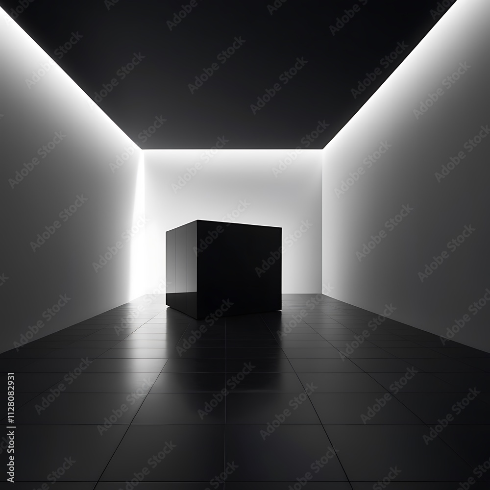 Fototapeta premium Minimalist Futuristic Interior with Glossy Black Cube and Diffused Ceiling Light in Geometric Space