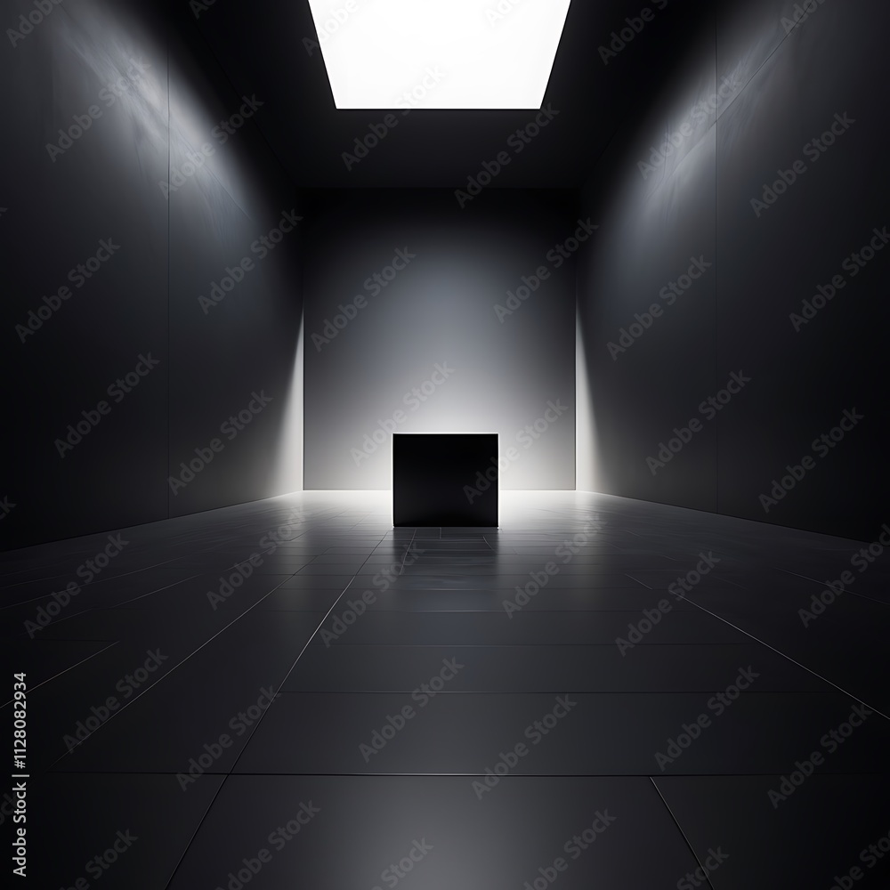 Minimalist Futuristic Interior with Glossy Black Cube and Diffused Ceiling Light in Geometric Space